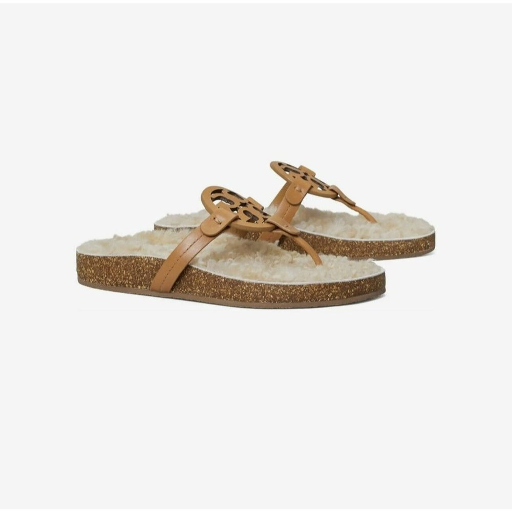 New Tory Burch MILLER CLOUD Cork Shearling Leather Sandals Caramel Size 5 ($268) - Picture 3 of 6